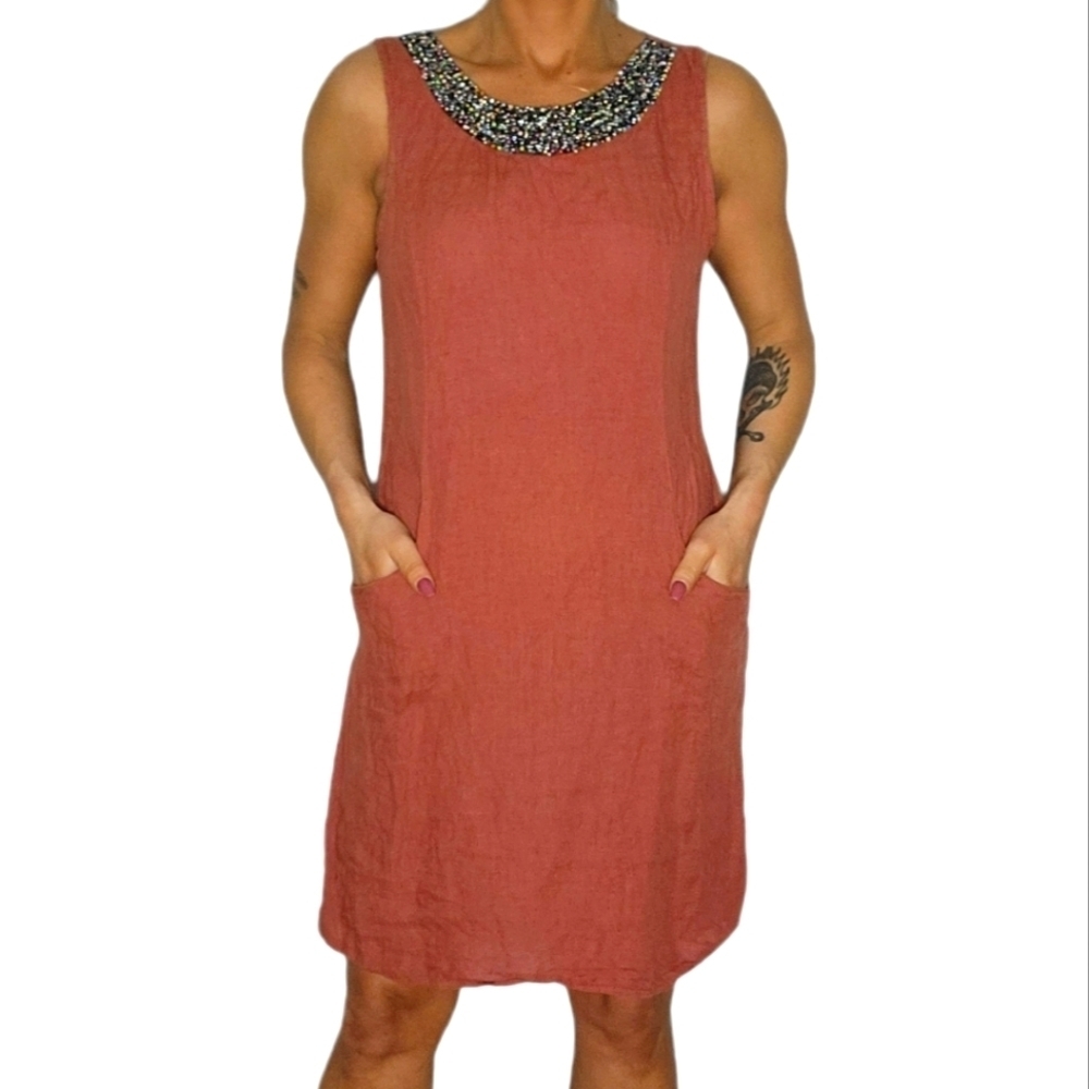 Lina Tomei Linen Jewel Neckline Sleeveless Midi Dress Size Medium Orange